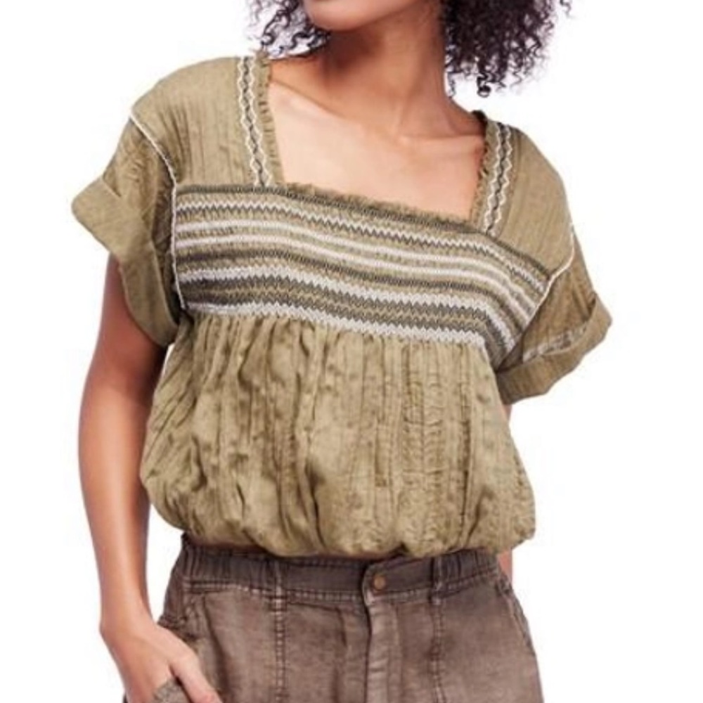 Free People Olive Green Embroidered Peasant Blouse